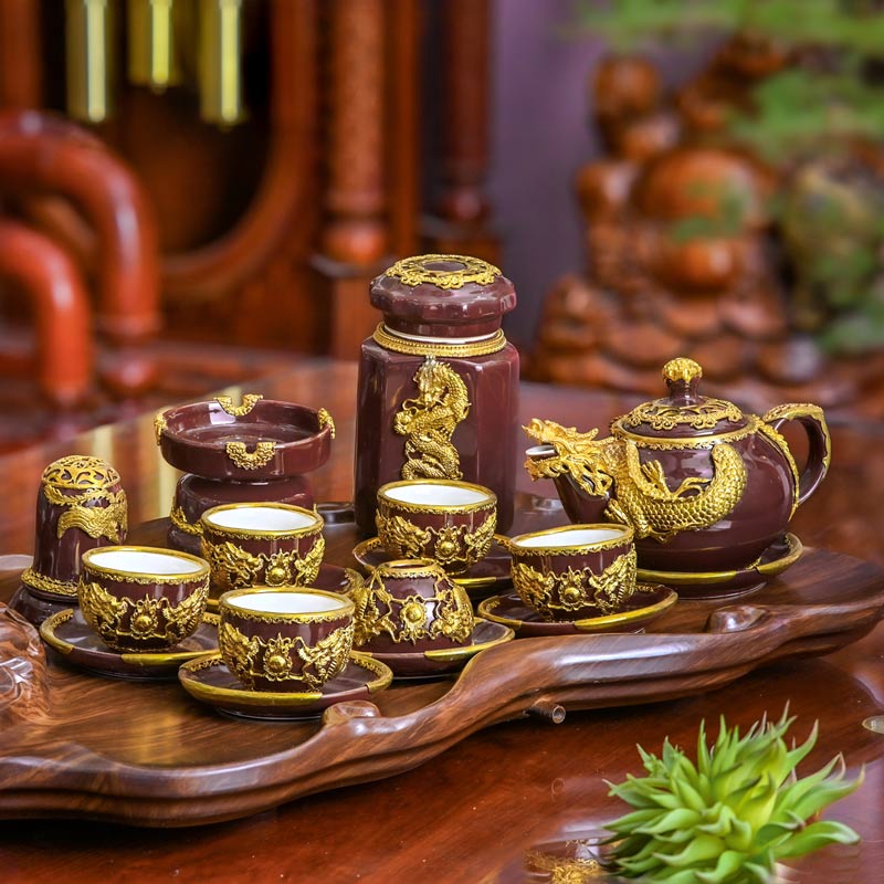 Bộ Ấm Chén Bát Tràng Hình Rồng - Gốm Sứ Phúc Lộc Viên Minh