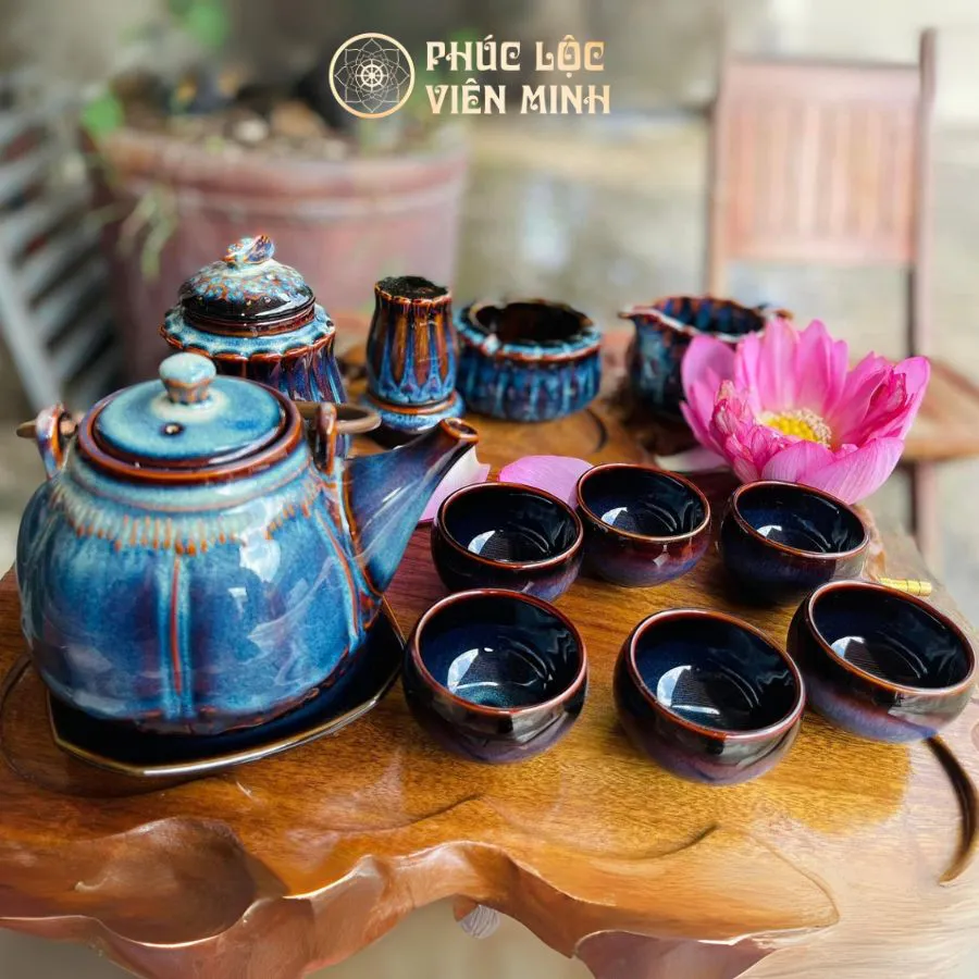 Bộ Ấm Chén Dáng Sen Men Hỏa Biến Cao Cấp Gốm Sứ Bát Tràng - Phúc Lộc Viên Minh