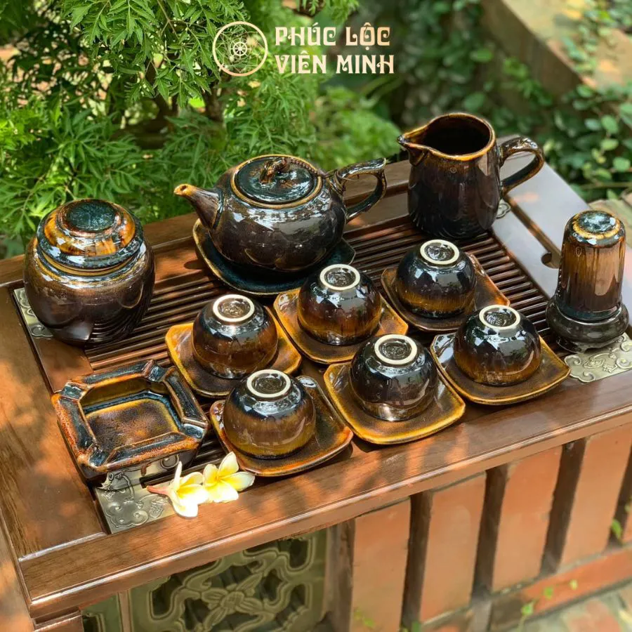 Bộ Ấm Chén Men Hổ Phách Cao Cấp Gốm Sứ Bát Tràng - Phúc Lộc Viên Minh