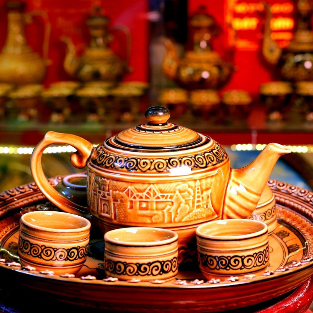 Bộ Ấm Chén Men Hoàng Thổ Cao Cấp - Gốm Sứ Bát Tràng - Phúc Lộc Viên Minh