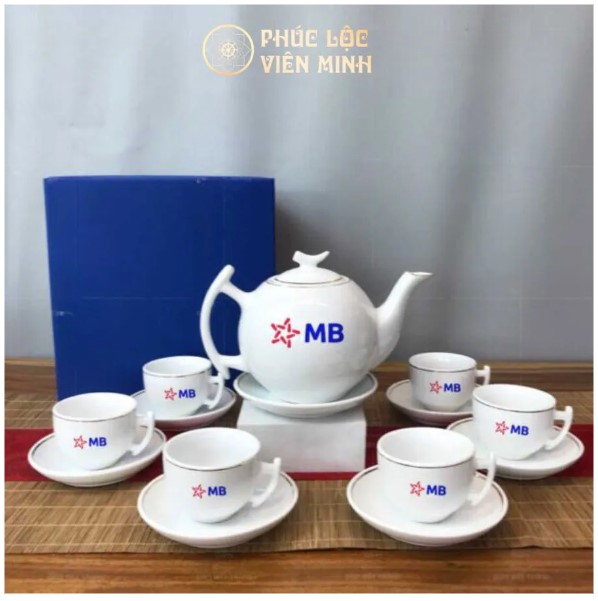 Bộ Ấm Chén Quà Tặng In Logo MB Bank Gốm Sứ Bát Tràng