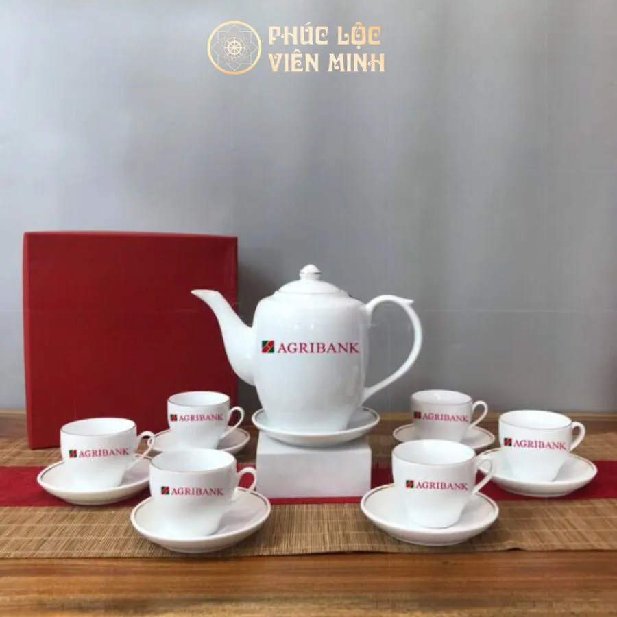 Bộ Ấm Chén Quà Tặng In Logo Ngân Hàng Agribank Gốm Sứ Bát Tràng - Phúc Lộc Viên Minh