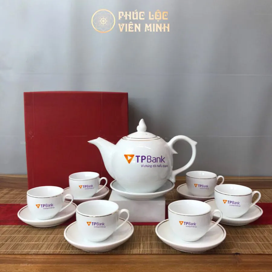 Bộ Ấm Chén Quà Tặng In Logo Ngân Hàng TP Bank Gốm Sứ Bát Tràng - Phúc Lộc Viên Minh