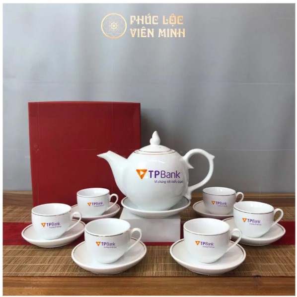 Bộ Ấm Chén Quà Tặng In Logo TP Bank Gốm Sứ Bát Tràng