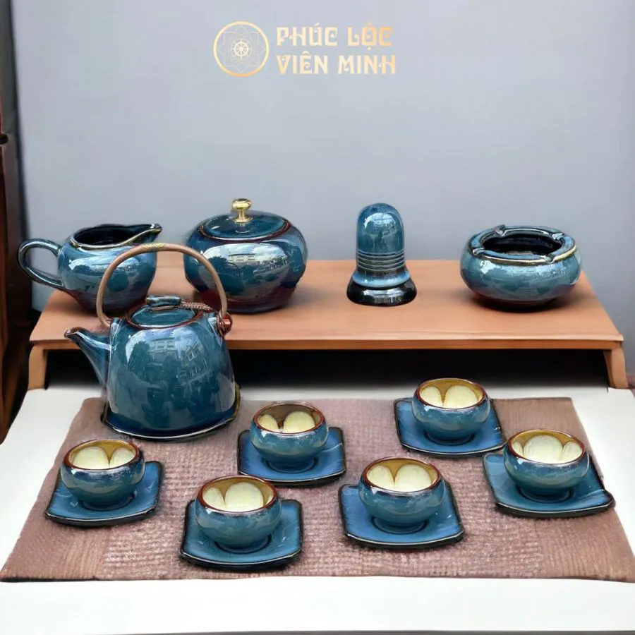 Bộ Ấm Chén Siêu Xanh Lòng Hoa Kèm Phụ Kiện Cao Cấp Gốm Sứ Bát Tràng - Phúc Lộc Viên Minh