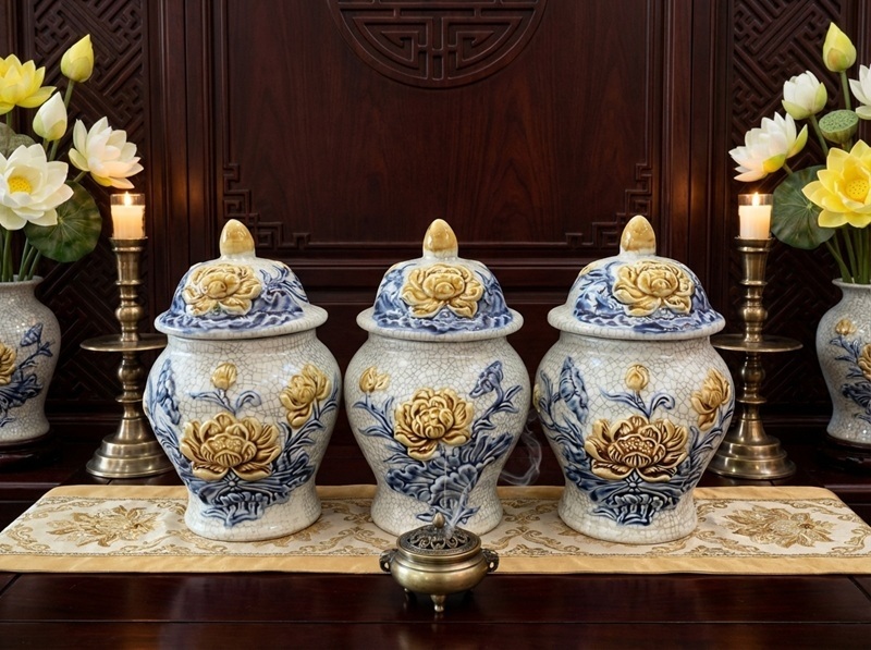 Bộ ba chóe thờ gốm sứ
