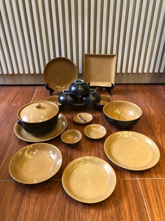 Bộ Bát Đĩa Gốm Men Nâu Bát Tràng - Phúc Lộc Viên Minh