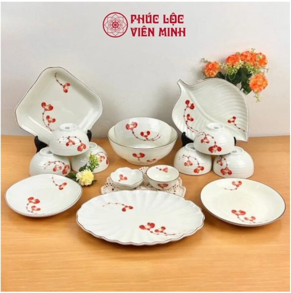 Bộ Bát Đĩa Gốm Sứ Bát Tràng Hoa Đỏ Cao Cấp