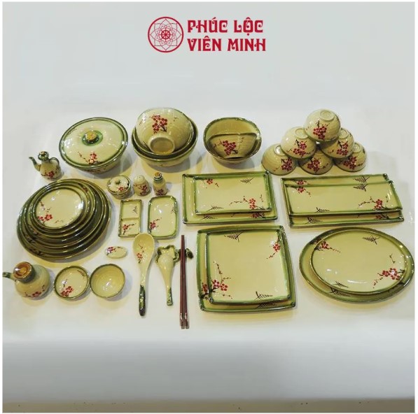 Bộ Bát Đĩa Gốm Sứ Bát Tràng Men Ngà Cao Cấp