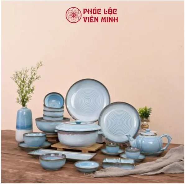 Bộ Bát Đĩa Gốm Sứ Bát Tràng Xanh Ngọc Cao Cấp