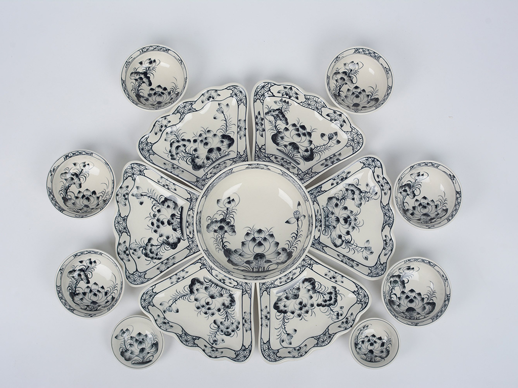 Bộ Bát Đĩa Hoạ Tiết Hoa Sen Men Tràm - Gốm Sứ Bát Tràng - Phúc Lộc Viên Minh