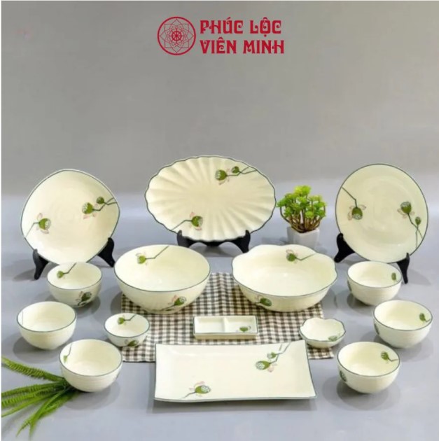 Bộ Bát Đĩa Họa Tiết Sen Gốm Sứ Bát Tràng