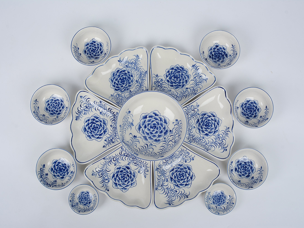 Bộ Bát Đĩa Thờ Cúng Gia Tiên Men Lam Cổ Hoa Mẫu Đơn - Gốm Sứ Bát Tràng - Gốm Sứ Phúc Lộc Viên Minh