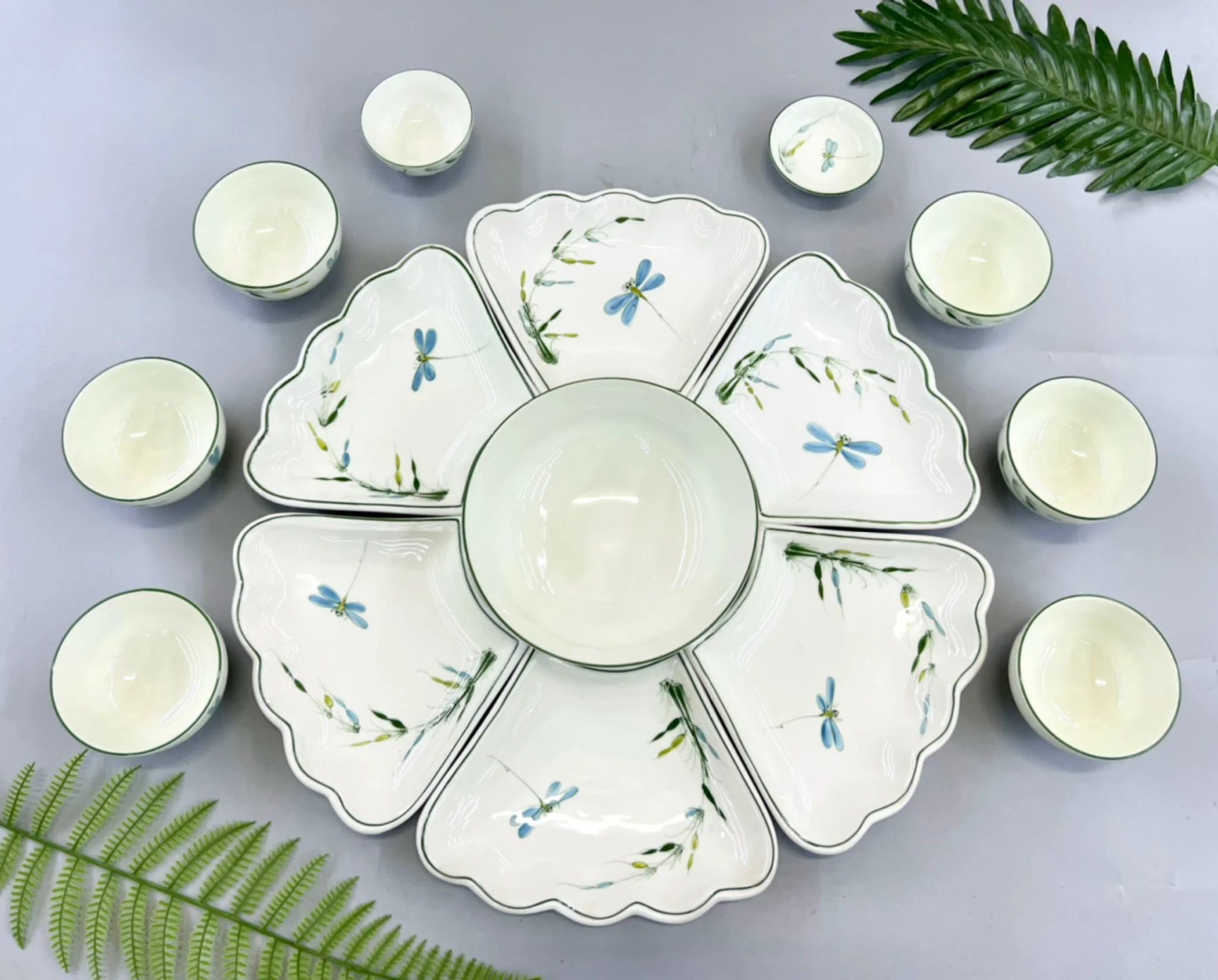 Bộ Bát Đĩa Thờ Cúng Sứ Men Kem - Gốm Sứ Bát Tràng - Phúc Lộc Viên Minh