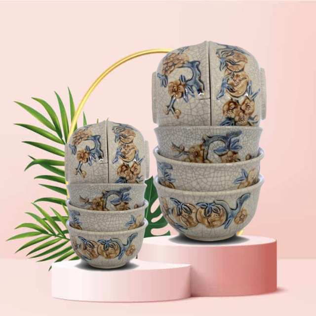 Bộ Bát Thờ Cúng Men Rạn Đắp Nổi - Gốm Sứ Bát Tràng - Phúc Lộc Viên Minh