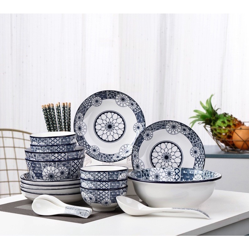 Bộ Chén Đĩa Gốm Sứ Cao Cấp Hoa Cúc Xanh - Bát Tràng - Phúc Lộc Viên Minh