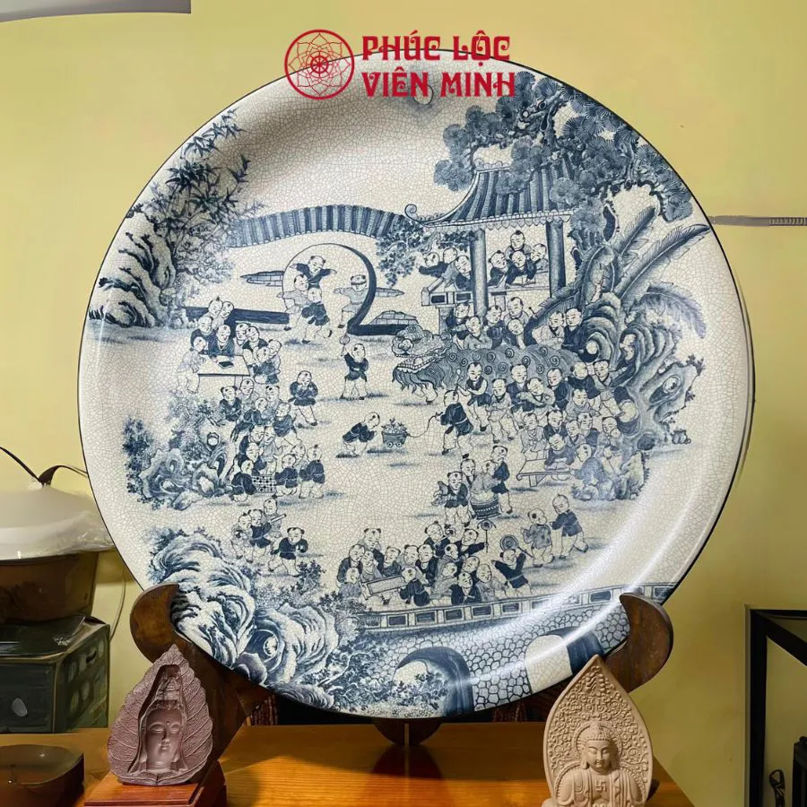 Bộ Đĩa Cảnh Men Rạn Tranh Cổ Gốm Sứ Cao Cấp Bát Tràng - Phúc Lộc Viên Minh