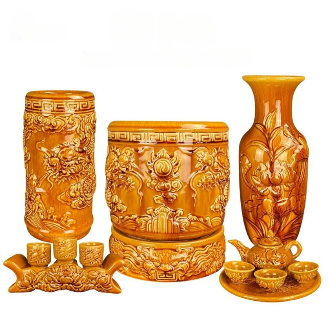Bộ Đồ Thờ Men Hoàng Thổ Cao Cấp - Gốm Sứ Bát Tràng - Phúc Lộc Viên Minh