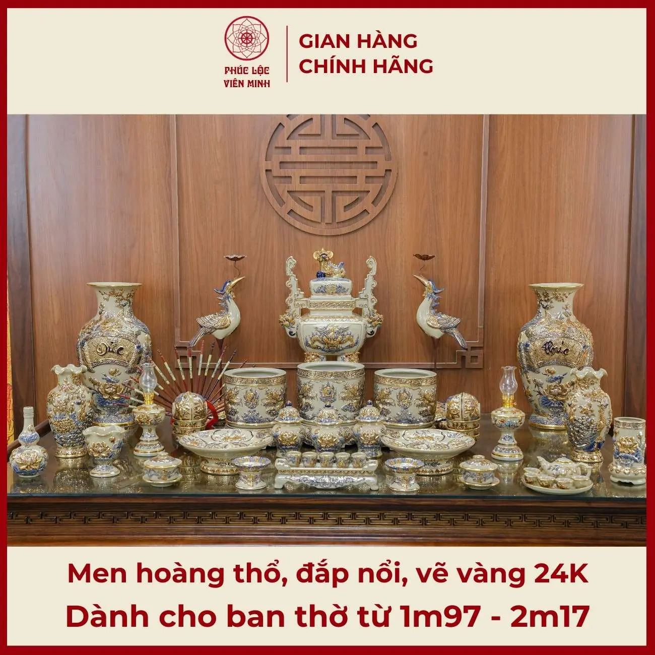 Bộ Đồ Thờ Men Hoàng Thổ Họa Tiết Đắp Nổi Vẽ Vàng 24K Gốm Sứ Bát Tràng - Phúc Lộc Viên Minh - PLVM543