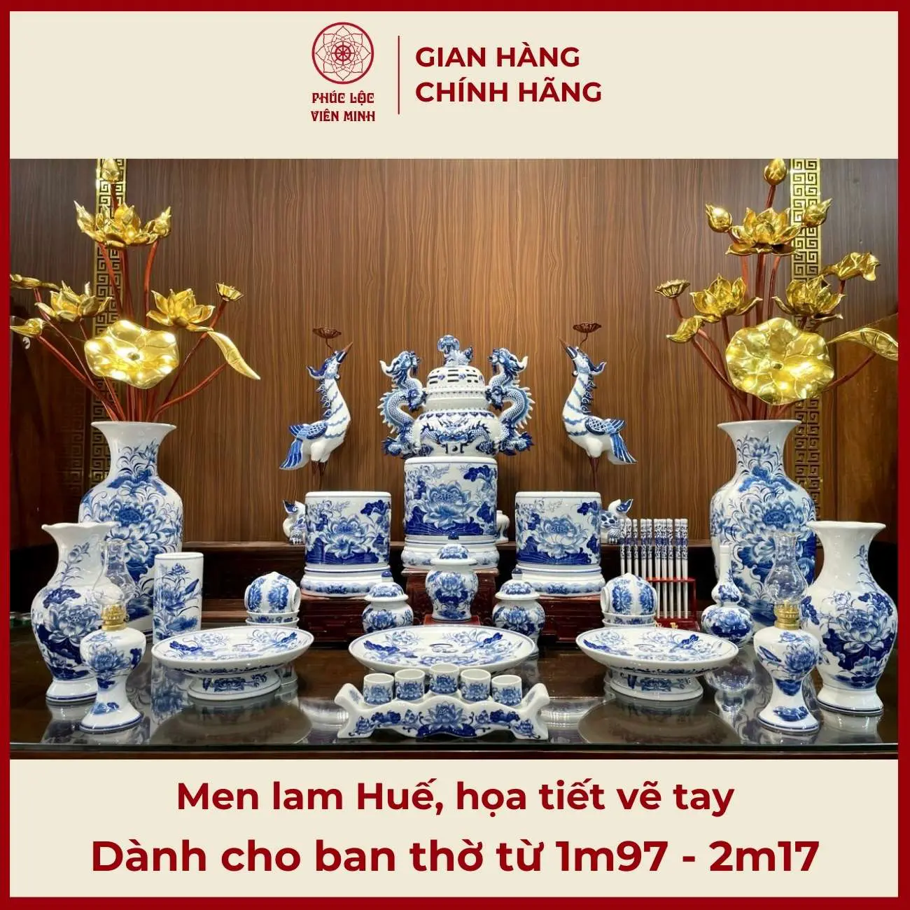 Bộ Đồ Thờ Men Lam Huế Họa Tiết Vẽ Tay Gốm Sứ Bát Tràng - Phúc Lộc Viên Minh - PLVM444
