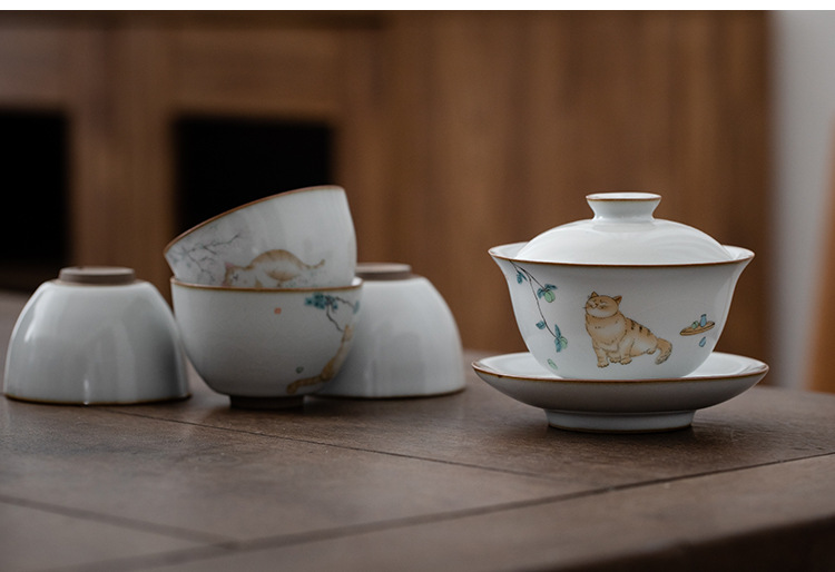 Chén Khải Gốm Sứ Men Rạn Thủ Công Họa Tiết Mèo