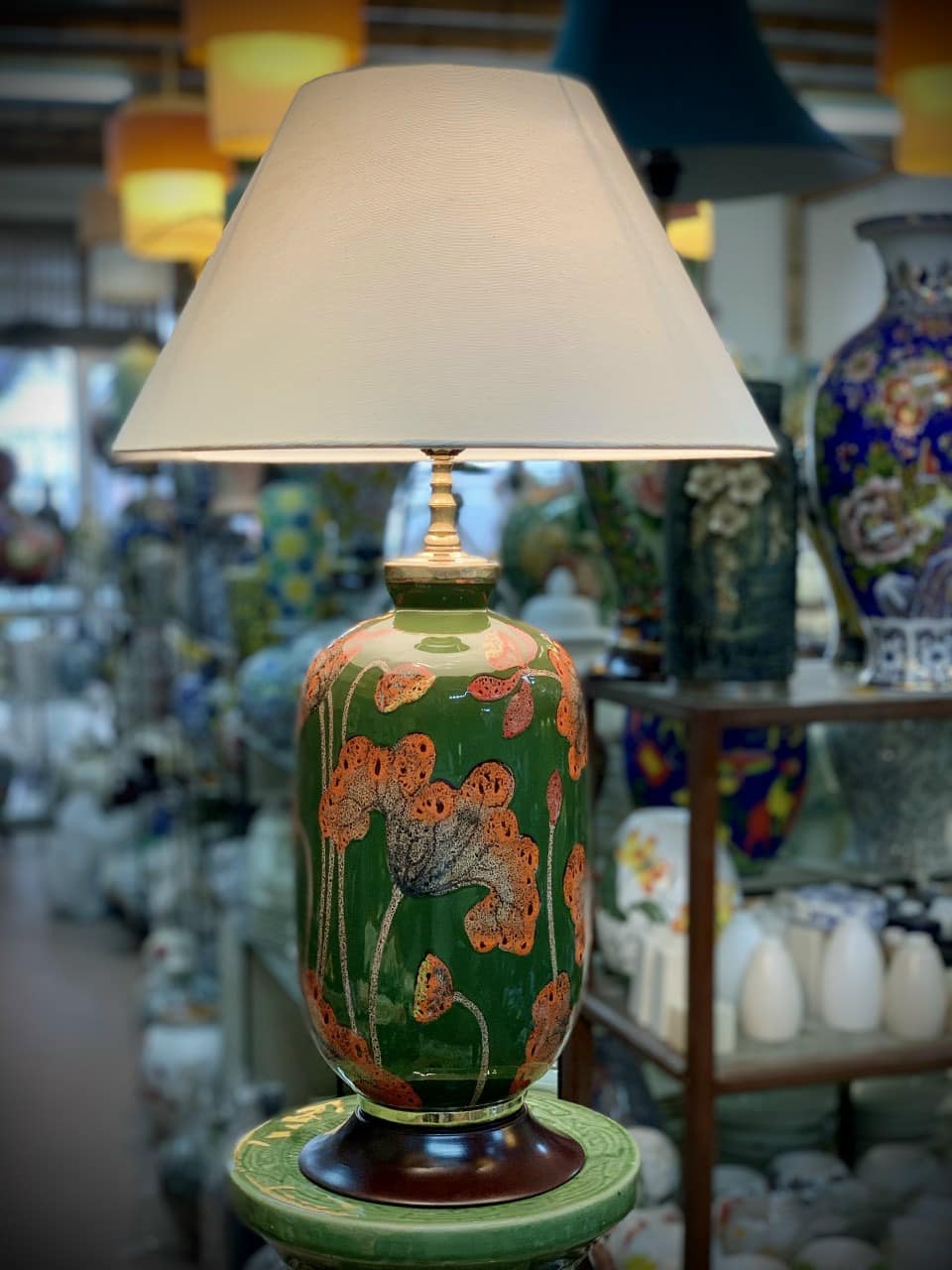 Đèn Ngủ Bàn Gốm Sứ Bát Tràng Xanh Ngọc Cao Cấp