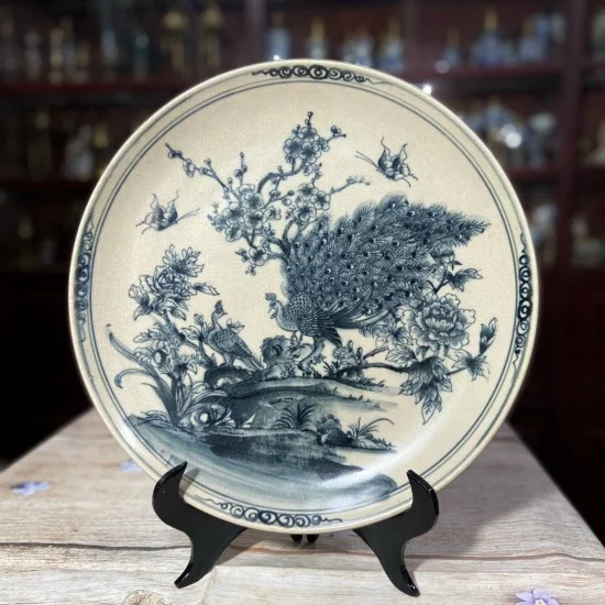 Đĩa Gốm Sứ Men Rạn Bát Tràng Công Đào - Phúc Lộc Viên Minh