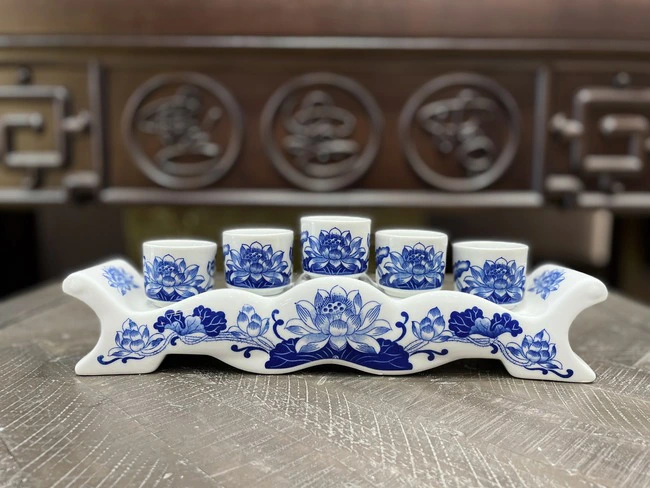 Kỷ Ngai 5 Chén Thờ Men Lam Hoạ Tiết Sen - Gốm Sứ Bát Tràng - Phúc Lộc Viên Minh