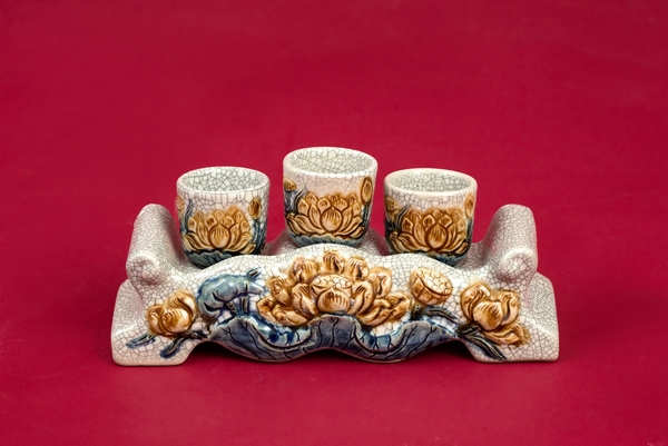 Kỷ Ngai Sen 3 Chén Men Rạn Bát Tràng - Gốm Sứ Phúc Lộc Viên Minh