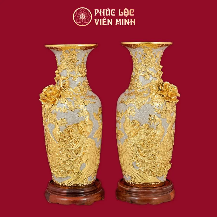 Lọ Hoa Công Danh Phú Quý Kênh Bong Men Rạn Dát Vàng Gốm Sứ Bát Tràng - Phúc Lộc Viên Minh