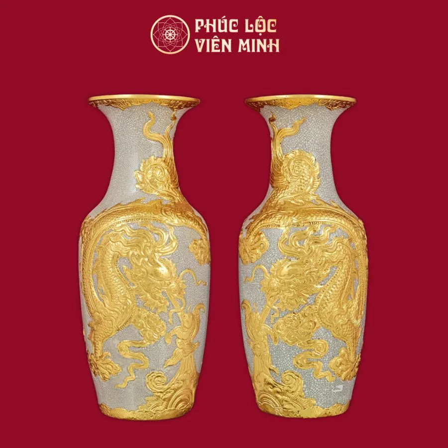 Lọ Hoa Long Quấn Thủy Men Rạn Dát Vàng Gốm Sứ Bát Tràng - Phúc Lộc Viên Minh