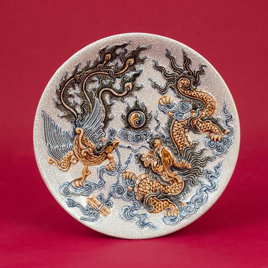 Mâm Bồng Men Rạn Đắp Nổi Long Phụng Chầu Nguyệt - Gốm Sứ Cao Cấp - Phúc Lộc Viên Minh