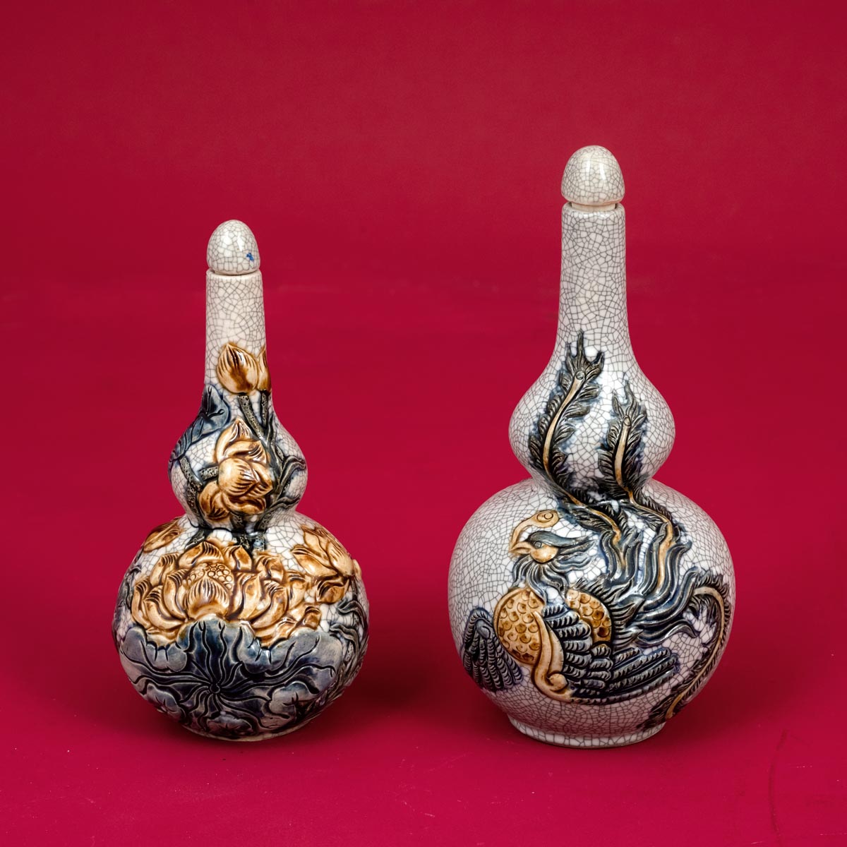 Nậm Rượu 2 Bầu Phượng Men Rạn Đắp Nổi Bát Tràng