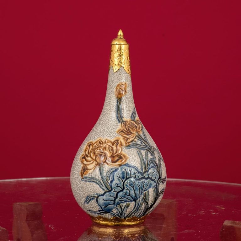 Nậm Rượu Sen Men Rạn Đắp Nổi Bọc Đồng Thếp Vàng Bát Tràng - Gốm Sứ Phúc Lộc Viên Minh