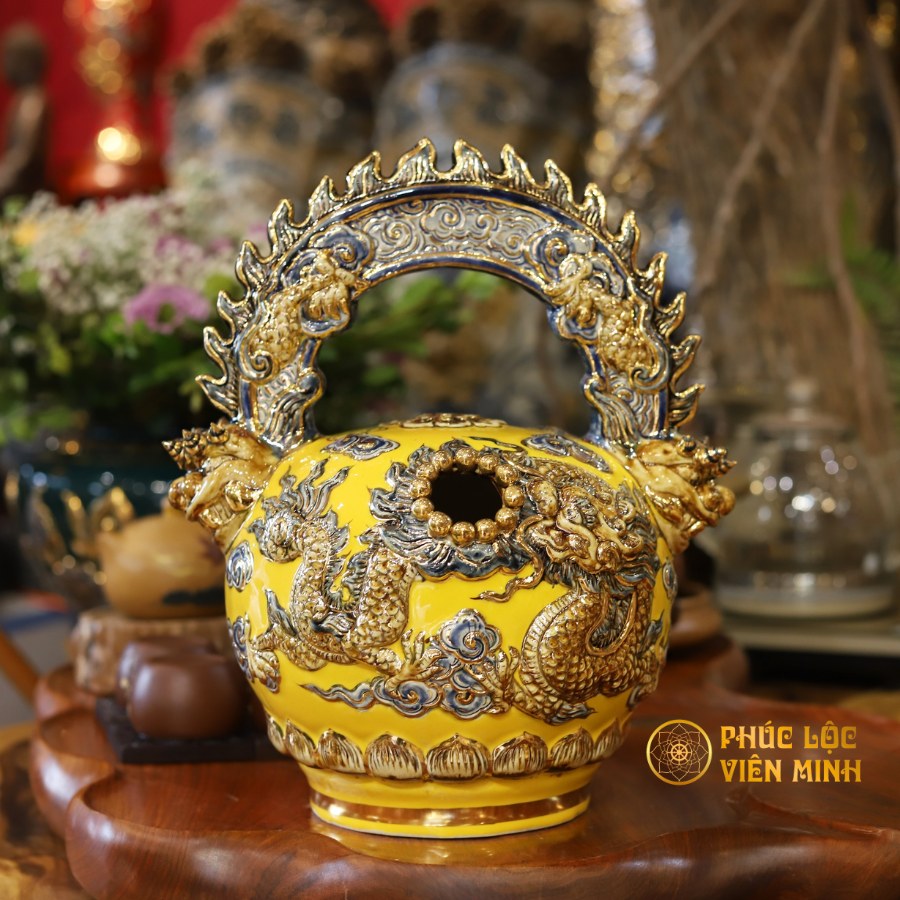 Ông Bình Vôi Hoạ Tiết Đắp Nổi Gốm Sứ Bát Tràng - Phúc Lộc Viên Minh