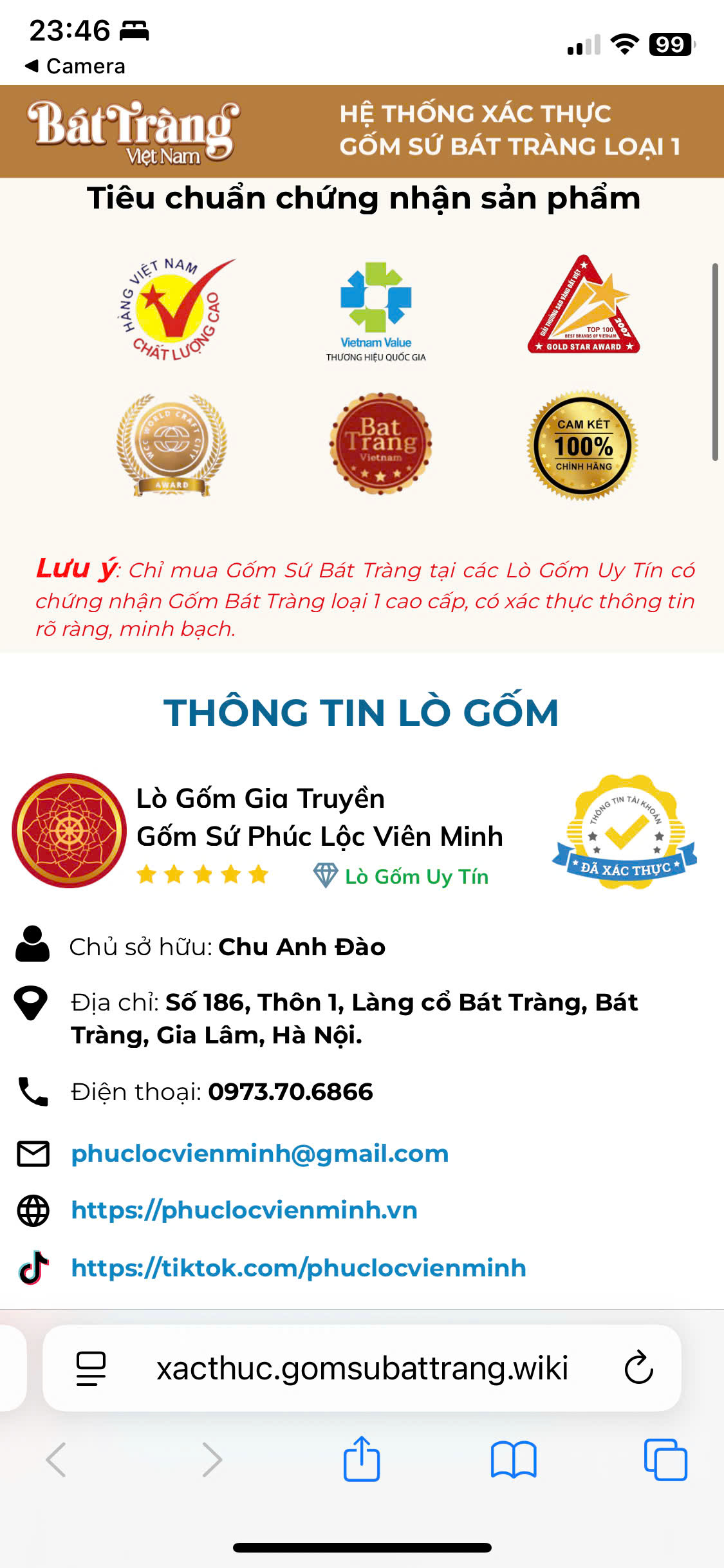 Trang xác thực hàng chính gốc - Gốm Sứ Phúc Lộc Viên Minh
