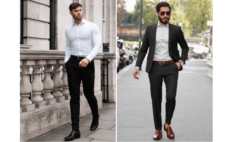Giày da với quần tây + Áo sơ mi màu trơn