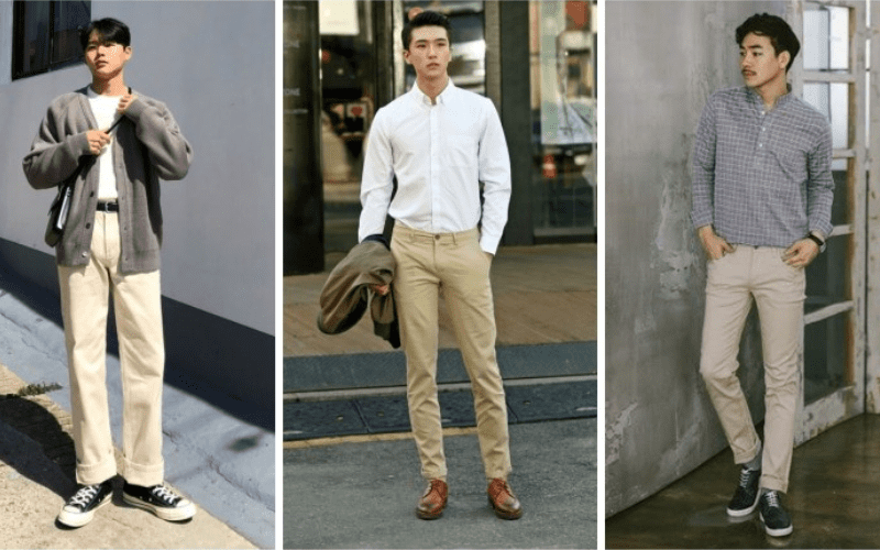 Giày da với quần kaki + Áo sơ mi trắng