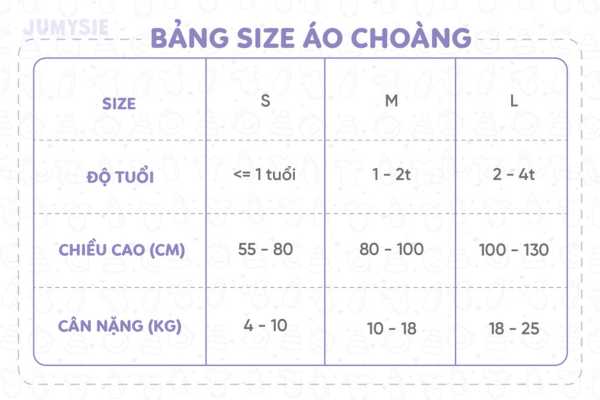 Bảng quy đổi kích cỡ Áo choàng Jumysie
