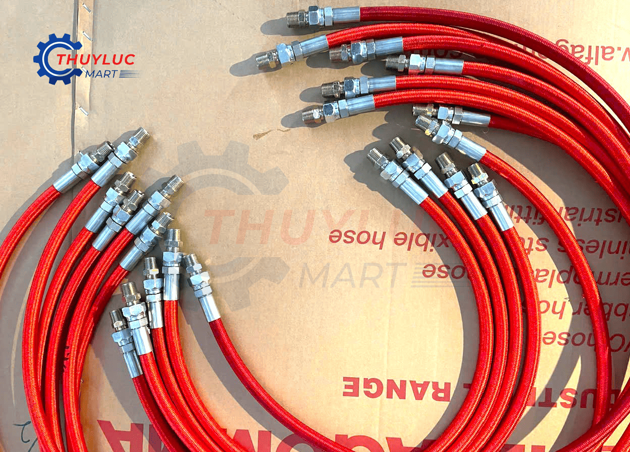 Ống teflon bọc bố vải đỏ gia công bấm đầu ren, sử dụng cho hệ thống chịu nhiệt cao