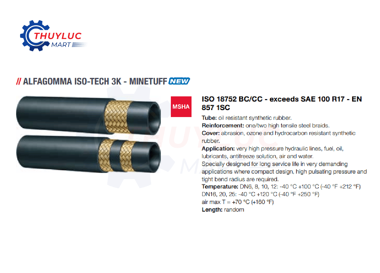 Ống thủy lực Alfagomma ISO-TECH 3K Minetuff, chuẩn EN ISO 18752 BC/CC, bố thép 1–2 lớp, vỏ chống mài mòn MSHA