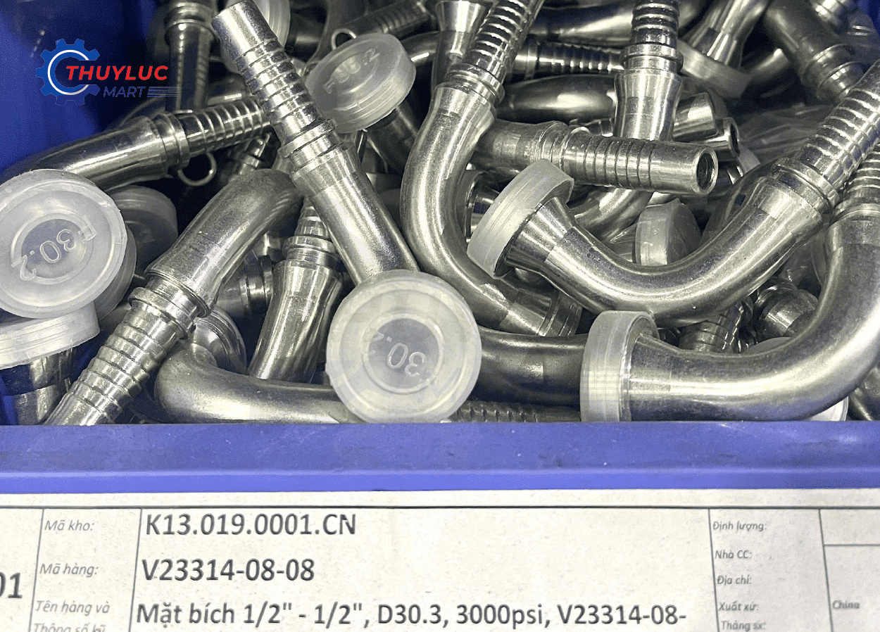 Đầu bấm cos mặt bích thủy lực 90 độ V23314-08-08 tại Thủy Lực Mart, dùng cho ống 1/2 inch – áp 3000 psi.