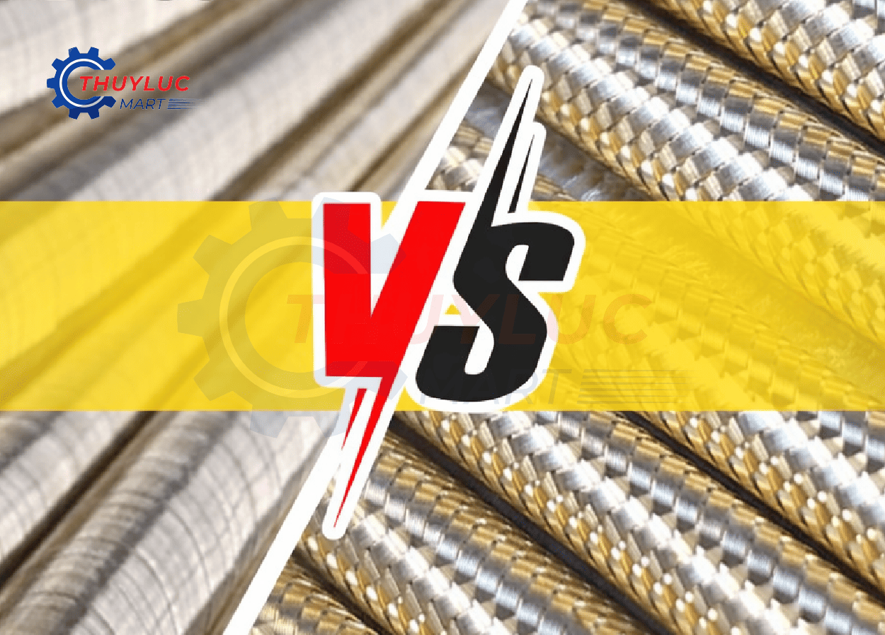 Hình minh họa so sánh Steel Braided và Steel Spiral trong ống thủy lực, làm rõ sự khác biệt về cấu trúc gia cường và khả năng chịu áp suất.