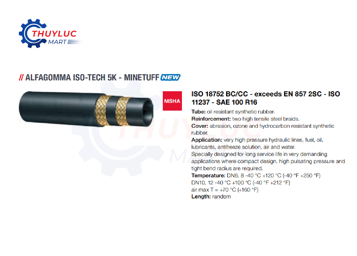 Ống thủy lực Alfagomma ISO-TECH 5K Minetuff, chuẩn EN ISO 18752 BC/CC, bố thép 2 lớp, thiết kế compact