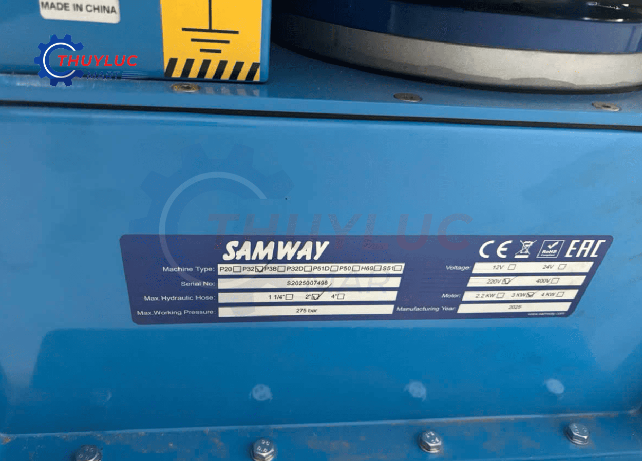 Tem thông số kỹ thuật máy bấm ống thủy lực Samway P32 chính hãng với khả năng bấm ống 3/8 inch đến 2 inch