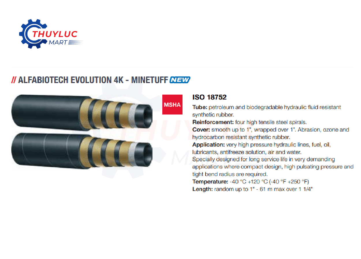 Ống thủy lực Alfagomma Alfabiotech Evolution 4K Minetuff, EN ISO 18752, bố thép xoắn 4 lớp, chịu áp suất cao