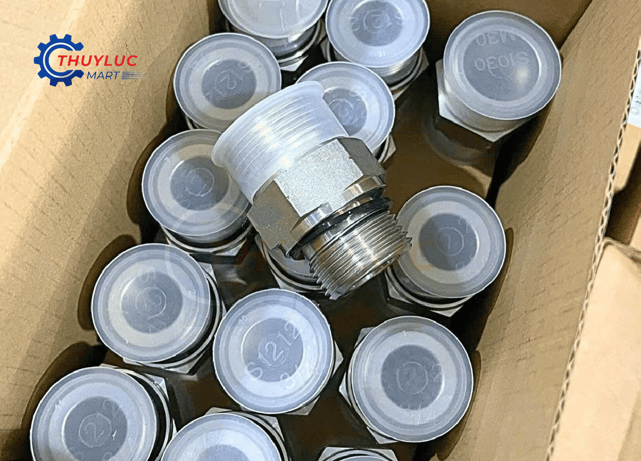 Phụ kiện fitting thủy lực SINOPULSE đóng gói theo lô, phân loại kích thước rõ ràng, thuận tiện cho thi công và bảo trì hệ thống thủy lực