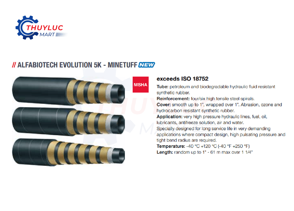 Ống thủy lực Alfagomma Alfabiotech Evolution 5K Minetuff, EN ISO 18752, thép xoắn 4–6 lớp, áp suất rất cao