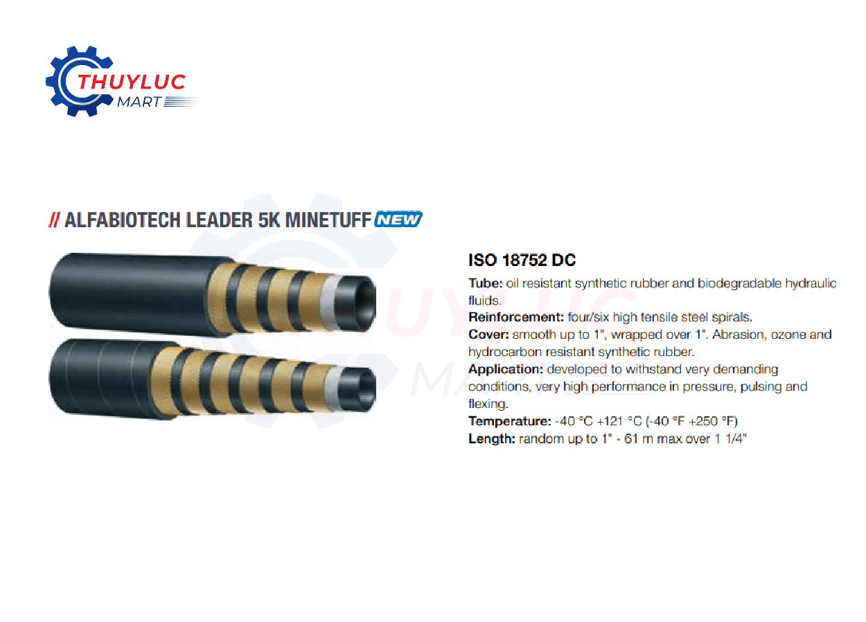Ống thủy lực Alfagomma Alfabiotech Leader 5K Minetuff, chuẩn EN ISO 18752 DC, chịu xung áp 1 triệu chu kỳ