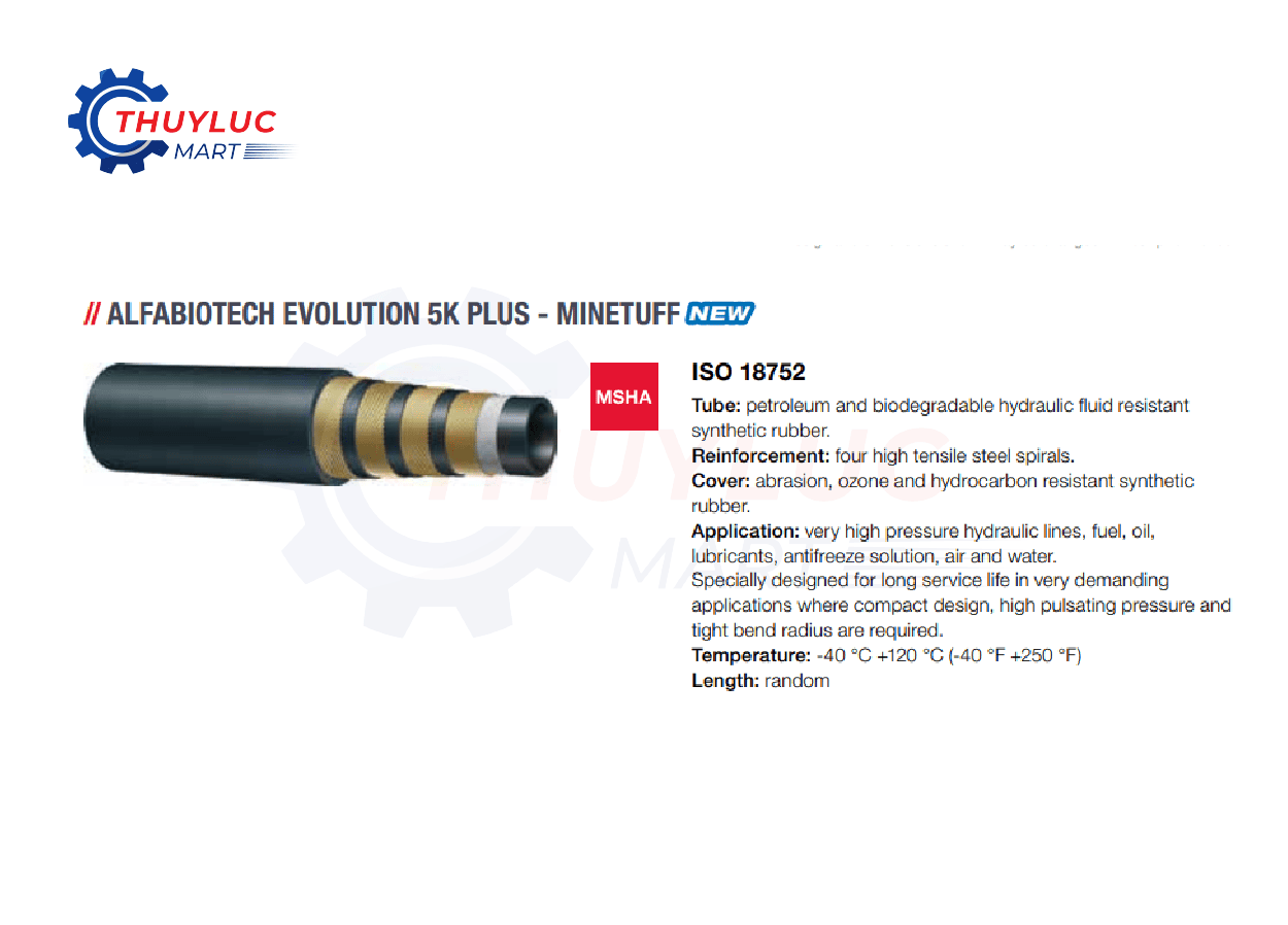 Ống thủy lực Alfagomma Alfabiotech Evolution 5K Plus Minetuff, EN ISO 18752, bố thép xoắn, áp suất 5.500 PSI